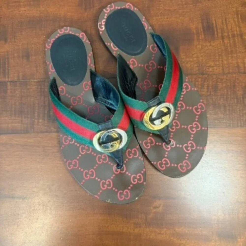 Gucci Kika Web GG Thong Sandals Red Green Stripe Logo EU 37 US 7 - Picture 3 of 7